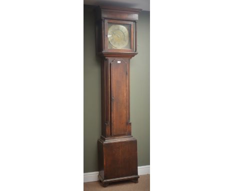 18th century oak longcase clock, walnut banded trunk door with shaped top, 30-hour movement striking on bell, 12'' x 12'' bra