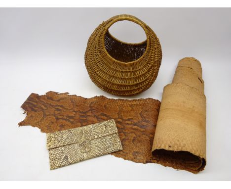 Large African Python skin L12ft approx, vintage snakes skin clutch bag and wicker basket (3) Condition Report Click here for 