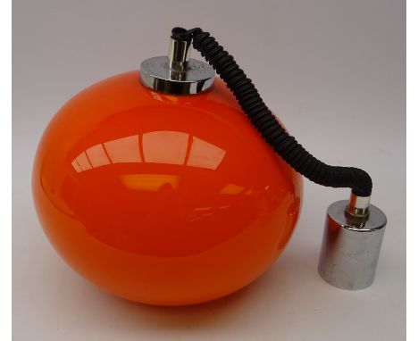 Retro orange glass light fitting, of globular form with rise and fall action and chrome mounts, D30cm  Condition Report Click