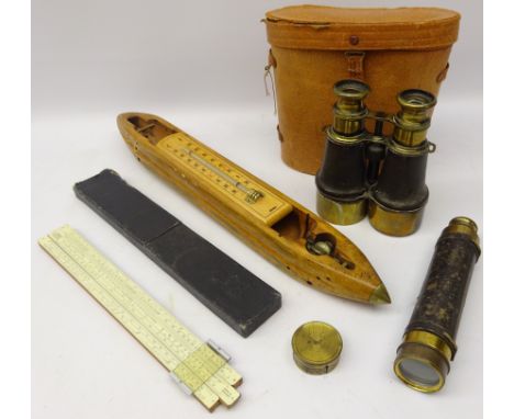 Pair of WWI L. Petit Fabt, Paris leather and japanned brass Binoculars, with broad Arrow, S.3 59990, a leather covered brass 