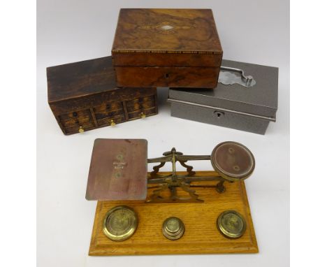 Brass and oak scales with brass weights, mother of pearl inlaid box, small nine drawer watchmakers cabinet and a small metal 