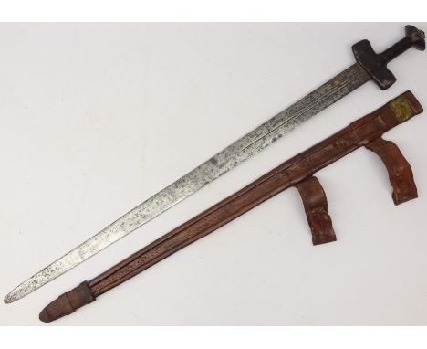 North African Taureg Takouba sword, in leather scabbard, blade length 84cm Condition Report Click here for further images, co