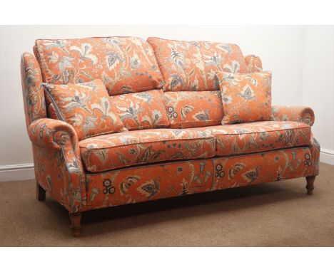 Geoffrey Benson three seat sofa upholstered in Linwood tomato  fabric (W190cm) with matching two seater  Condition Report Cli