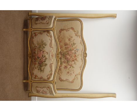French 4'6" gilt framed double bed with floral tapestry upholstery, W150cm, H123cm, L210cm Condition Report Click here for fu