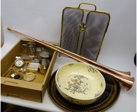 19th century Tole ware oval tray with greek key border, Copeland Aesthetic fruit bowl, two copper and brass hunting horns, pe