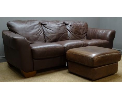 Three seat brown leather sofa with footstool, W220cm