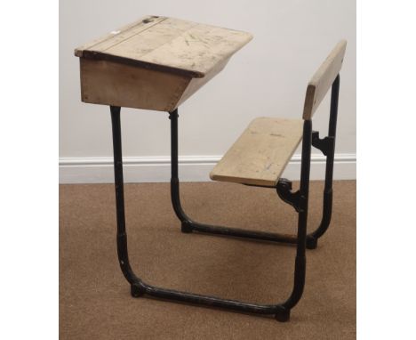 Vintage school desk, hinged lid and seat, W62cm, H82cm, L74cm Condition Report Click here for further images, condition, auct