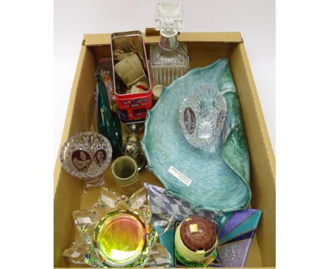 Art glass shell shaped centrepiece, Bohemian glass, decanter, qty of Whisky paper shield shaped labels and miscellanea in one