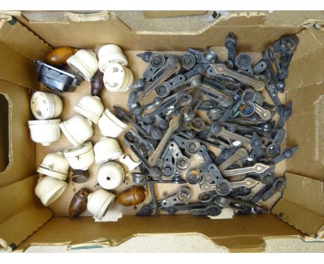 Qty of cast metal stair rods and porcelain light fittings etc 