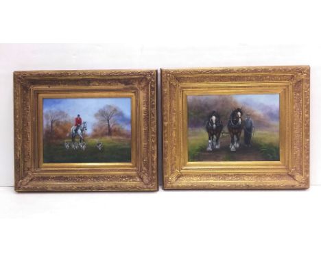 Superb Quality Pair of Heavy Gilt Framed Oil on Canvases signed Ferris ' Hunting Scene & Work Horses' Dimensions: Including F