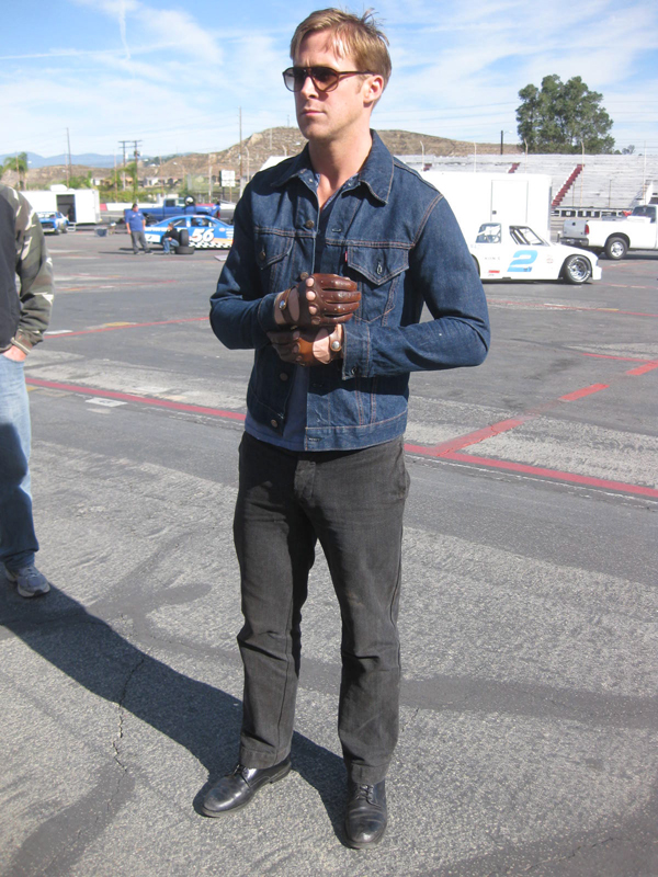 Ryan Gosling Drive Jacket And Shirt A Dark Blue Denim Levis Jacket And Grey Gap Clothing Henley