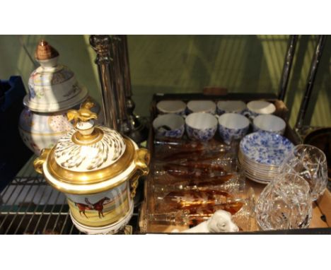 Eight Staffordshire cups &amp; saucers, pair of cut glass brandy balloons &amp; six amber coloured champagne flutes, together