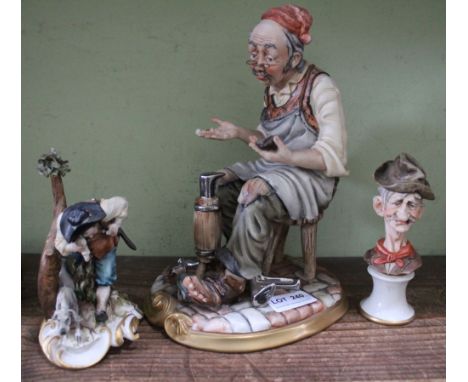 A Capodimonte ceramic cobbler figurine, together with a Capodimonte small hunter group, and a portrait head on stand&nbsp;
