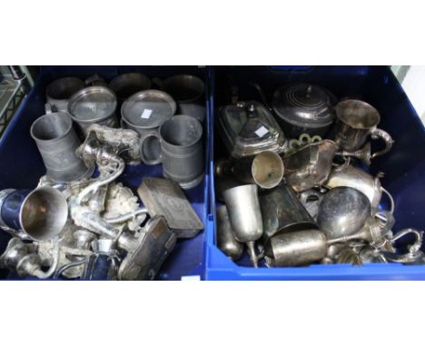 Two boxes of silver plate, includes candelabra, tea pots, wine goblets, etc