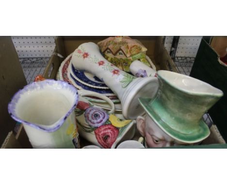 A box containing a Beswick pottery Micawber jug, together with other character jugs, two Radford hand painted floral jugs, et