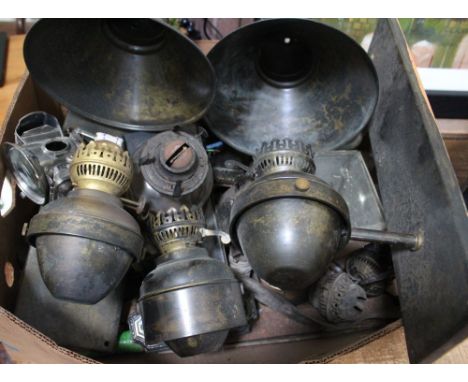 A Lucas Silver King lamp, together with wall mounting oil lamps with conical shades, etc