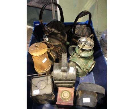 A "Lucas King of the Road" lamp, green painted, together with a "Patterson Lamps Ltd" miners lamp, railway and other lamps (8