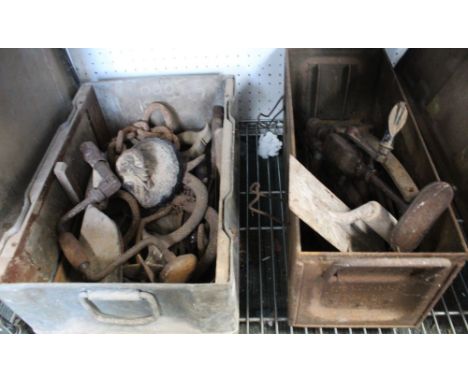 Two Ammo style tins/boxes filled with a selection of tools various