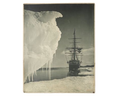 POLARPONTING (HERBERT GEORGE) 'The Terra Nova at the Ice-Foot, Cape Evans',  large grey-blue toned carbon print with Ponting'