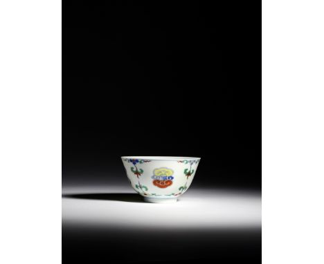 † A FINE AND RARE CHINESE DOUCAI SMALL LINGZHI BOWL SIX CHARACTER YONGZHENG MARK AND OF THE PERIOD 1723-35 The gently flaring