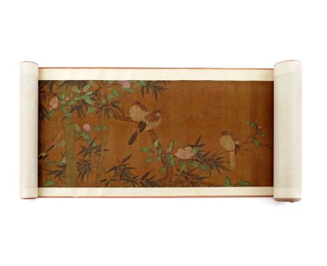 A CHINESE SCROLL PAINTING ON SILK AFTER HUANG QUAN 19TH CENTURY In the Song style, with birds amidst flowering camellia and b