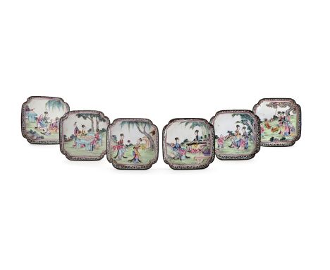 A SET OF SIX CHINESE CANTON ENAMEL SQUARE TRAYS 18TH/19TH CENTURY Painted with young ladies and children in ornamental garden