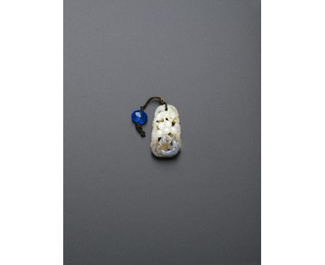 A CHINESE WHITE AND GREY JADE PENDANT QING DYNASTY Delicately carved with a fruiting grape vine, with two squirrels clamberin