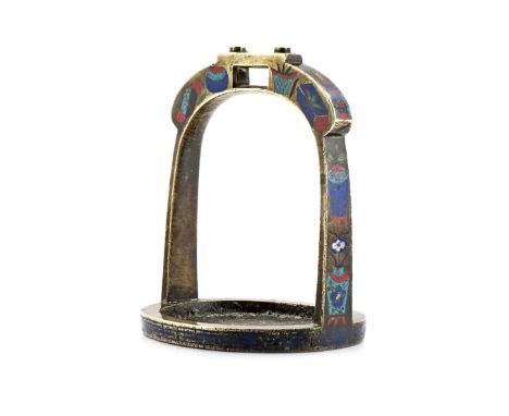 A CHINESE PAKTONG AND ENAMEL STIRRUP LATE QING DYNASTY Decorated with vases and other auspicious things, 14.5cm. 