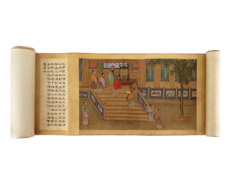 A CHINESE HAND SCROLL LATE QING DYNASTY With ten scenes depicting events from the life of Confucius, each with an explanatory