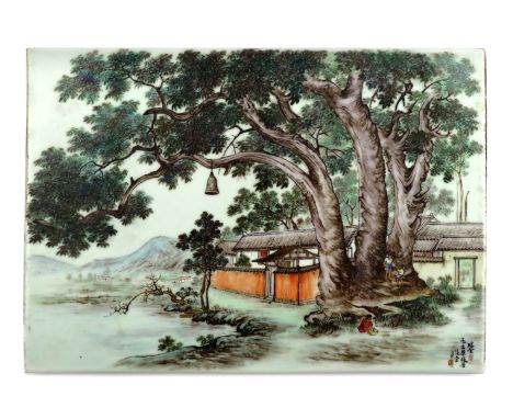 A SMALL CHINESE RECTANGULAR PLAQUE BY GAN GUI 20TH CENTURY C.1960 Depicting the house in which Chairman Mao lived in Ruijin, 