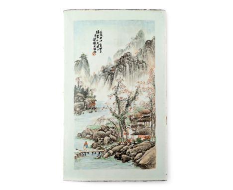 A RARE CHINESE PORCELAIN RECTANGULAR PANEL BY WANG YE TING DATED 1922 Depicting a lone figure on a bridge in a mountainous la