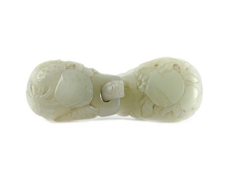 A CHINESE CELADON JADE BELT BUCKLE 18TH CENTURY Formed in two sections, each carved in shallow relief, one with lotus seed po