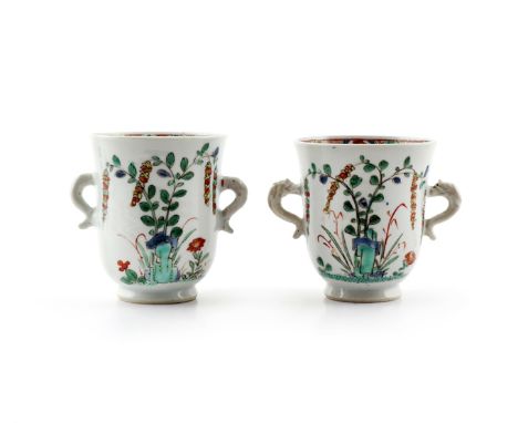 A PAIR OF CHINESE FAMILLE VERTE U-SHAPED TWO-HANDLED CUPS KANGXI 1662-1722 Each painted with flowers emerging from rockwork, 
