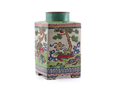A CHINESE YIXING SQUARE-SECTION JAR 19TH CENTURY Brightly enamelled to each side with Buddhist lion dogs playing in a rocky g