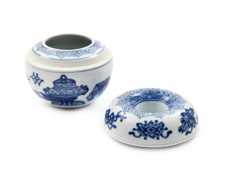 A CHINESE BLUE AND WHITE WATER POT AND COVER KANGXI 1662-1722 The ovoid body painted to the exterior with incense burners, ru