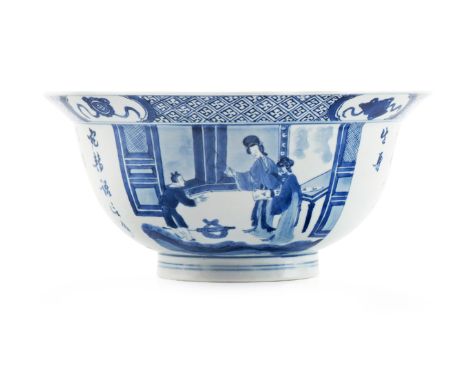 A CHINESE BLUE AND WHITE KLAPMUTS BOWL SIX CHARACTER KANGXI MARK AND OF THE PERIOD 1662-1722 The exterior painted with two pa