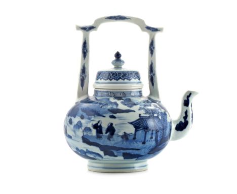 A LARGE CHINESE BLUE AND WHITE WINE EWER AND COVER KANGXI 1662-1722 The body painted with small figures engaged in daily life