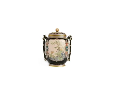 A GOOD JAPANESE CLOISONNE ENAMEL KORO AND COVER MEIJI 1868-1912 The ovoid body with two large panels depicting a bird flying 