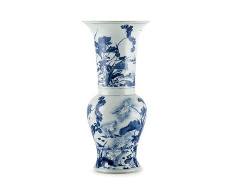 A CHINESE BLUE AND WHITE YEN YEN VASE KANGXI 1662-1722 Painted with an extensive lotus pond, with flowers and leaves emerging