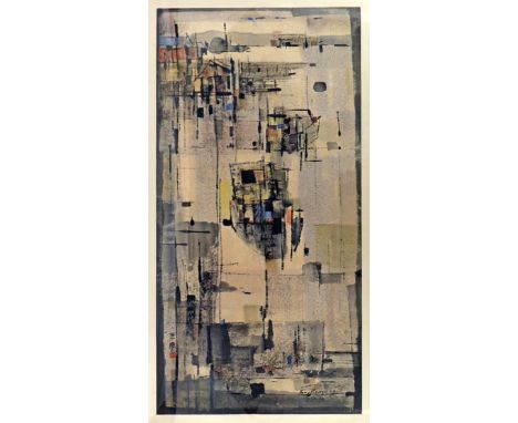 A SCROLL PAINTING BY CHEONG SOO PIENG SIGNED AND DATED 1960 Depicting an abstract scene of fishing boats and huts in a water 