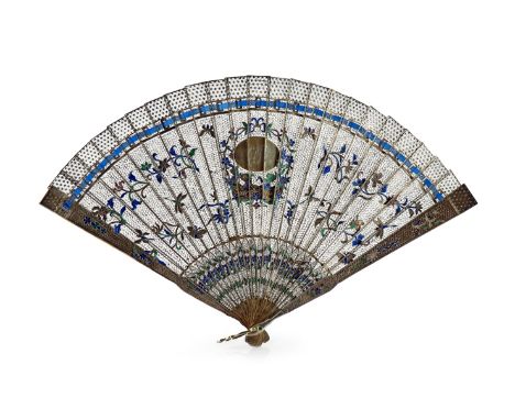 A CHINESE SILVER FILIGREE AND ENAMEL BRISE FAN 1ST HALF 19TH CENTURY Delicately decorated with flower sprays and insects in f
