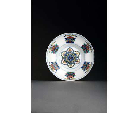 A CHINESE DOUCAI BOWL SIX CHARACTER QIANLONG MARK AND OF THE PERIOD 1736-95 The ogee-shaped bowl decorated with a central six