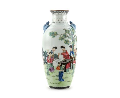 A CHINESE FAMILLE ROSE OVOID VASE FOUR CHARACTER QIANLONG MARK BUT 20TH CENTURY Decorated with a group of ladies practising t