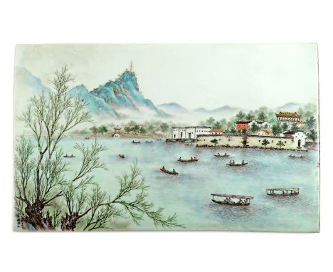 A LARGE CHINESE RECTANGULAR PLAQUE BY ZHAN CHANGBIN 20TH CENTURY C.1960 Painted with many small boats on a river, with a brid