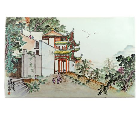 A LARGE CHINESE RECTANGULAR PLAQUE DATED 1960 Painted with the Guanyin Pavilion, with figures beneath and a distant mountain 