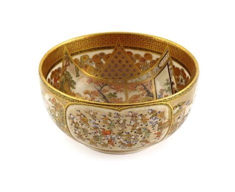 A FINE JAPANESE SATSUMA BOWL MEIJI 1868-1912 The well decorated with women on a terrace overlooking a large garden, the exter
