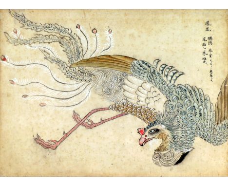 FOUR JAPANESE PAINTINGS AND A PRINT EDO AND MEIJI PERIODS The paintings depicting birds in flight or on perches in ink and co