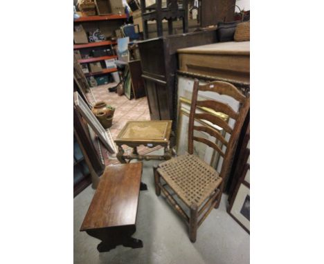 Oak Ladder Back Chair, Mahogany Stool and another Stool with Bergere Seat