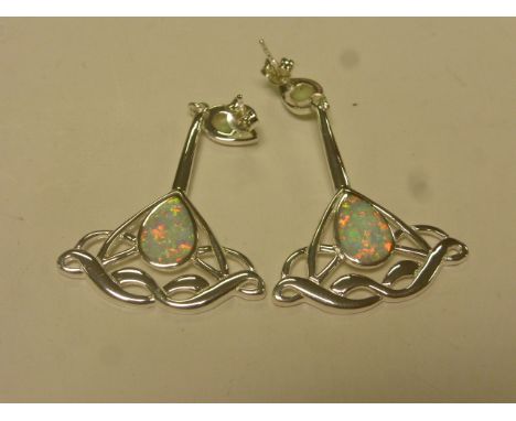 Pair of Silver and Opal Art Nouveau Style Earrings