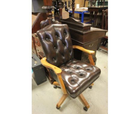 Studded Brown Leatherette Button Back and Ducal Pine Swivel Office Chair